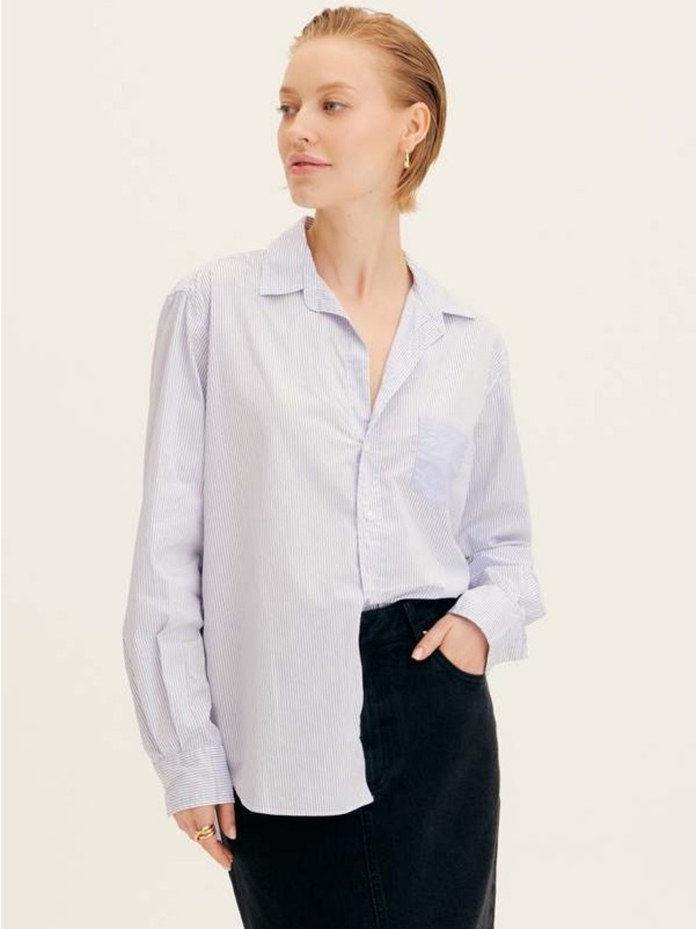 Frank & Eileen x Ron Herman Exclusive Blue White Stripe Contrast Pocket Cotton S